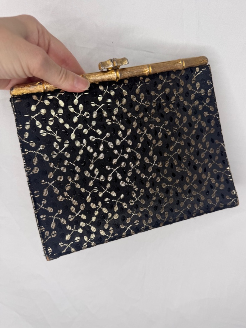 1960S Vintage Black and Gold Floral Clutch Handbag with Bamboo Style Clasp